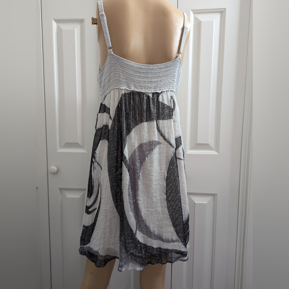 Bebe Womens Metallic Silk Sleeveless Dress Size L Crochet Top V Neck Silk Skirt - Picture 3 of 8